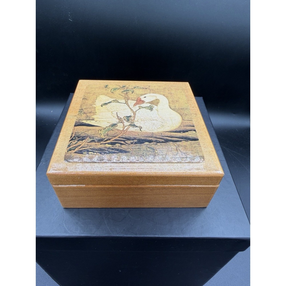 Vintage Square Wooden Trinket /Stash Box with Goose Decal on Lid